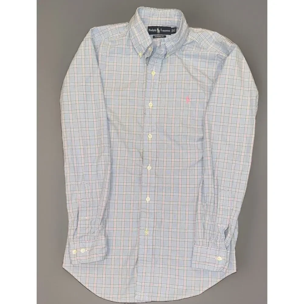 Polo Ralph Lauren Dress Shirt Men 14.5-32/33 Blue Pink Green Classic Fit Plaid